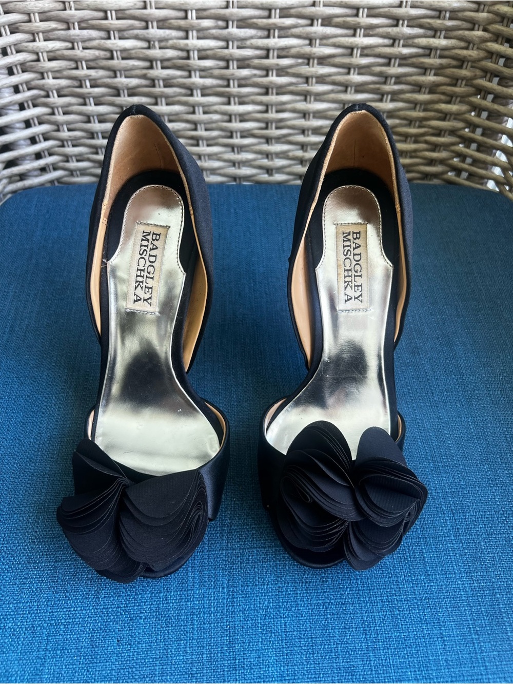 Badgley Mischka Black Satin Peep-Toe Pumps with Floral Rosette